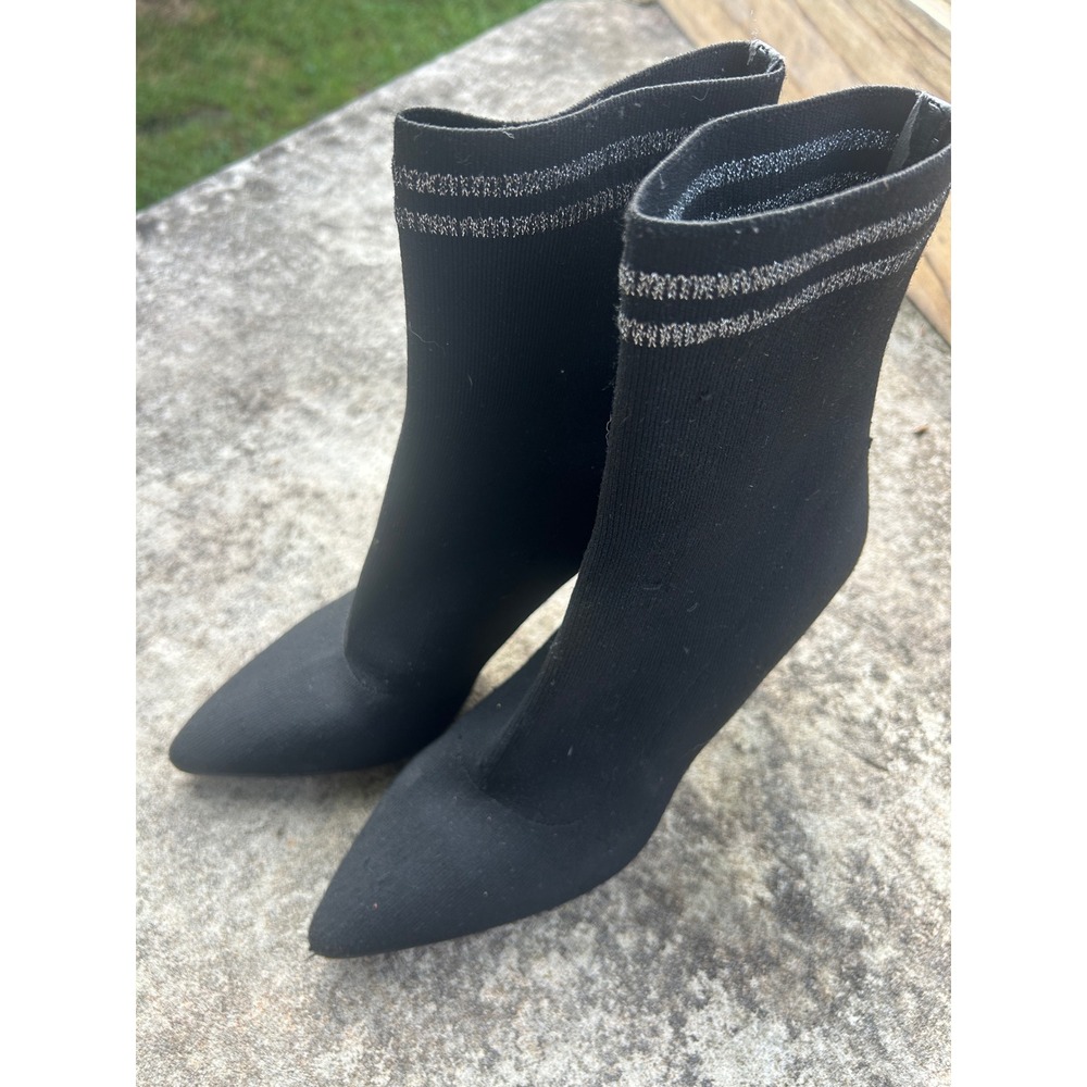 Leith Black Sock Booties Silver Metallic Stripe Pointed Toe Stiletto Heel 8M‎